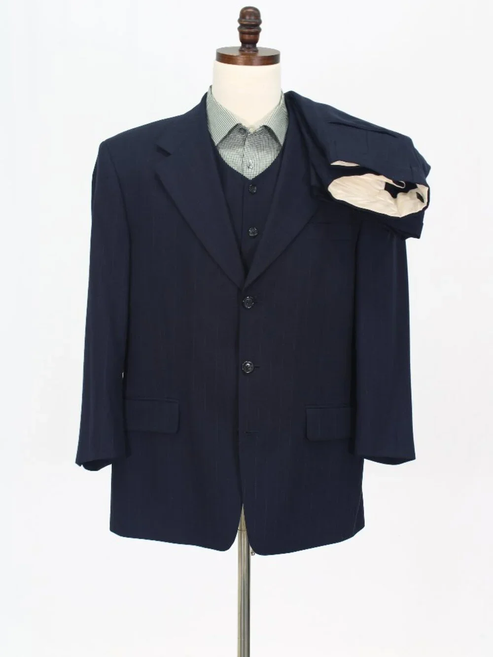 Giancarlo Pelle 42S 35x26 Navy 3-Piece Full Suit 3-Button Stripe R956